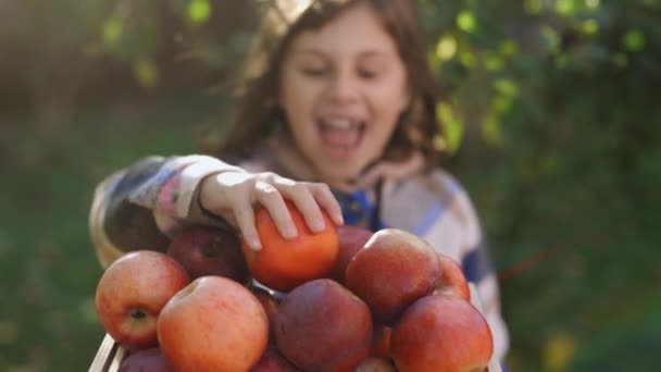 여자가 사과를 사과를 매력적 소녀가 배경에 고립되어 있습니다 초등학생 이미소짓고 — 비디오