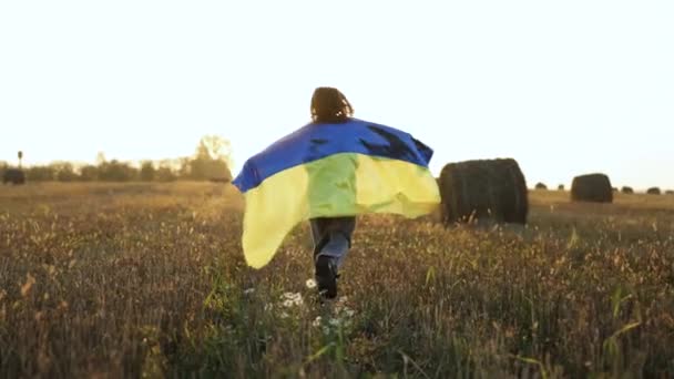 フィールド上で実行されているウクライナのフラグを持つ少女 愛国的な女の子ウクライナの旗を飛んで ウクライナ8月24日のバナー 日没時に屋外に立つ子供 旗の日 憲法の日 — ストック動画