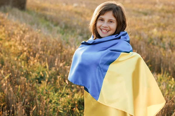 Portrait Little Girl Traditional Embroidery Flag Ukraine Woman Holding Yellow — Stock Photo, Image