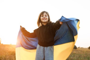 Üzerinde Ukrayna 'nın sarı ve mavi bayrağı olan nakışlı tişörtlü vyshyvanka çocuk portresi. Ukrayna Bağımsızlık Bayrağı Günü. Anayasa günü. Ukrayna 'nın bayrak sembolleri. Kiev günü