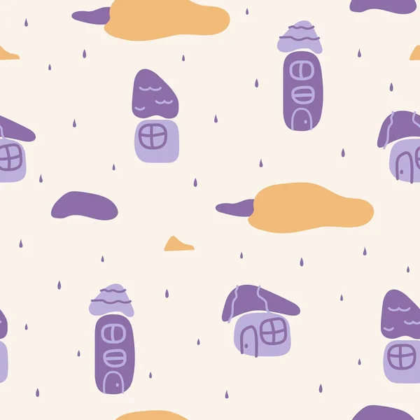 Симпатичные Асимметричные Фиолетовые Дома Желтые Облака Дождевые Капли Бежевый Фон — стоковый вектор