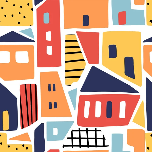 Modern seamless pattern with abstract houses. Childish vector background. Can be used for fabric, textile, wallpaper.