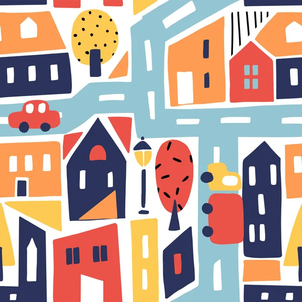 Modern seamless pattern with abstract houses. Childish vector background. Can be used for fabric, textile, wallpaper.