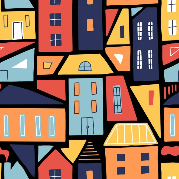 Modern seamless pattern with abstract houses. Childish vector background. Can be used for fabric, textile, wallpaper.