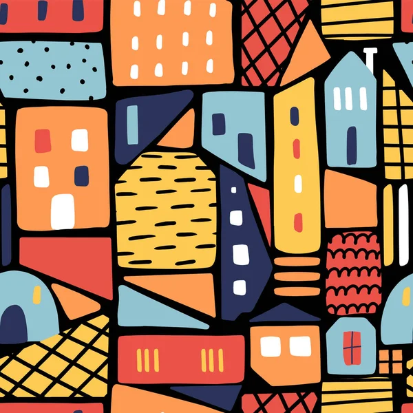 Modern seamless pattern with abstract houses. Childish vector background. Can be used for fabric, textile, wallpaper.