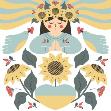 Kız, kuş, kalp ve çiçeklerin sarı-mavi renkte olduğu Ukrayna vektör çizimi için dua edin. Ayçiçeği, viburnum, gül kalçalı genç bir kız ellerini kenetledi ve dua etti..