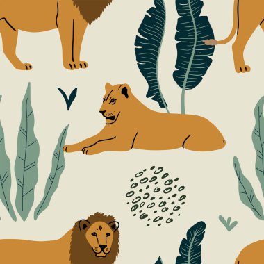 Aslanlar, tropikal yapraklar ve soyut şekillerle kusursuz bir şekil. Modern tarzda moda illüstrasyon.