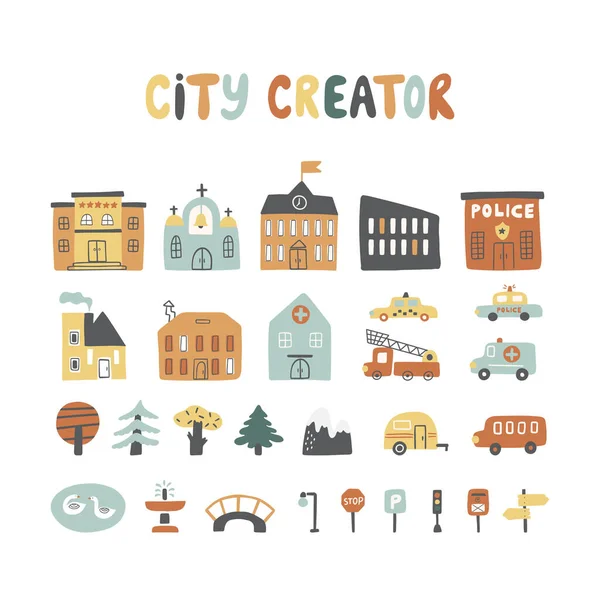 Evleri, arabaları, hayvanları, ağaçları, yol işaretleri vs. olan şehir yaratıcısı. Çocuk odaları, tişört baskıları, kartlar, oyunlar ve çerçeveler için kullanılabilir. Elle çizilmiş ögelerle vektör seti. 
