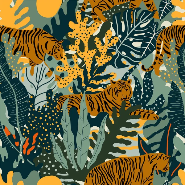 Padrão Sem Costura Vetorial Com Tigre Folhas Tropicais Ilustração Moda —  Vetores de Stock