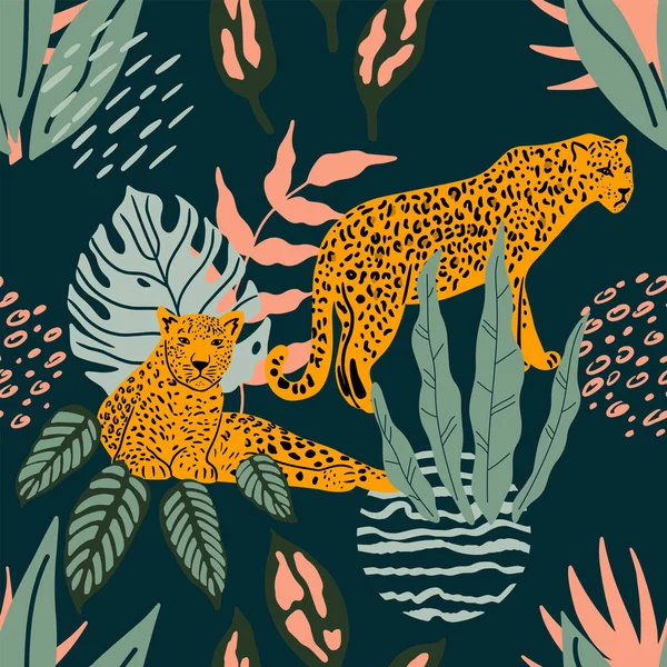 Векторный Бесшовный Рисунок Леопардом Тропическими Листьями Абстрактными Формами Модная Иллюстрация — стоковый вектор