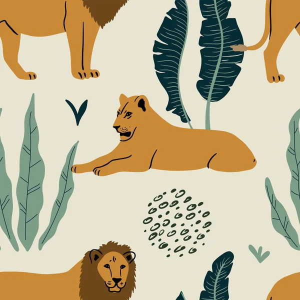 Aslanlar, tropikal yapraklar ve soyut şekillerle kusursuz bir şekil. Modern tarzda moda illüstrasyon.