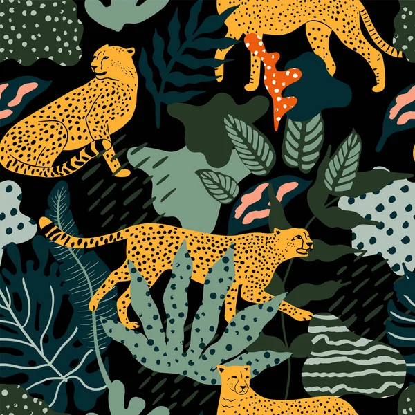 矢量无缝图案与猎豹 热带树叶和抽象形状 现代风格的时髦插图 — 图库矢量图片