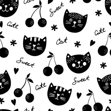 Elle çizilmiş kediler, cümleler, kalpler ve kirazlarla İskandinav desenleri. Beyaz arkaplanda vektör çizimi. Kreş, tekstil ve parmak izi için kullanılabilir..