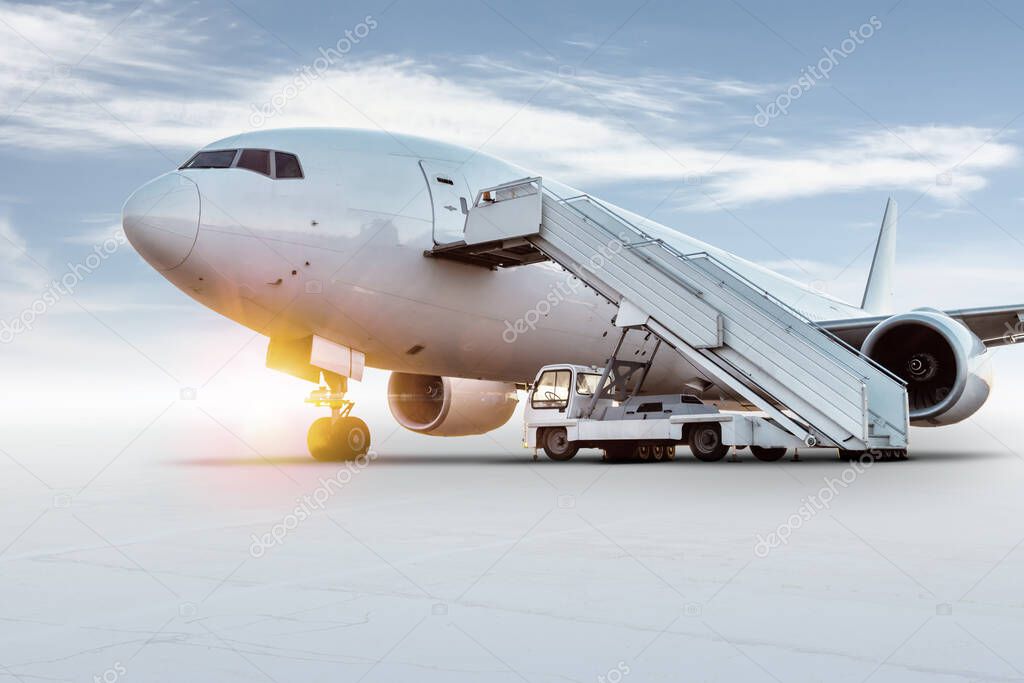 Wide body passenger airplane with boarding stairs at the airport apron isolated on bright background with sky