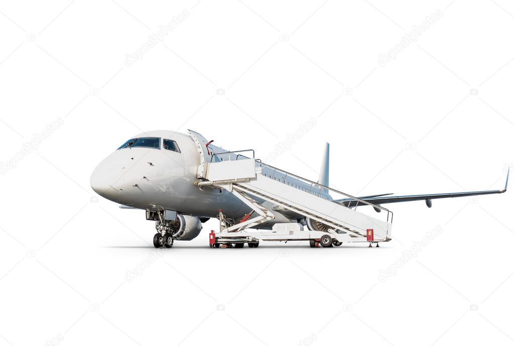 Passenger airplane with air-stairs isolated on white background