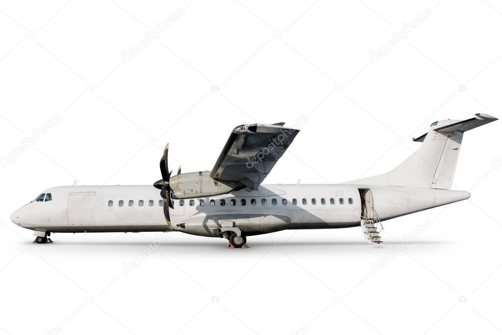Passenger turboprop airplane with an open staircase ladder isolated on white background