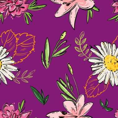 Çiçeklerle soyut, pürüzsüz bir desen. El çizimi