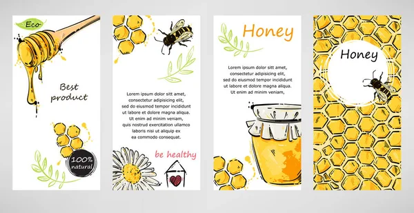 Διάνυσμα Αφηρημένη Απεικόνιση Μέλι Κηρήθρα Μέλισσα Και Χαμομήλι Αφηρημένο Banner — Διανυσματικό Αρχείο