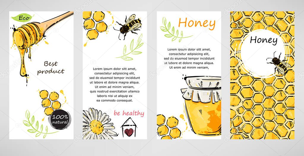 Vector abstract illustration with honey, honeycomb, bee and chamomile. Abstract banner