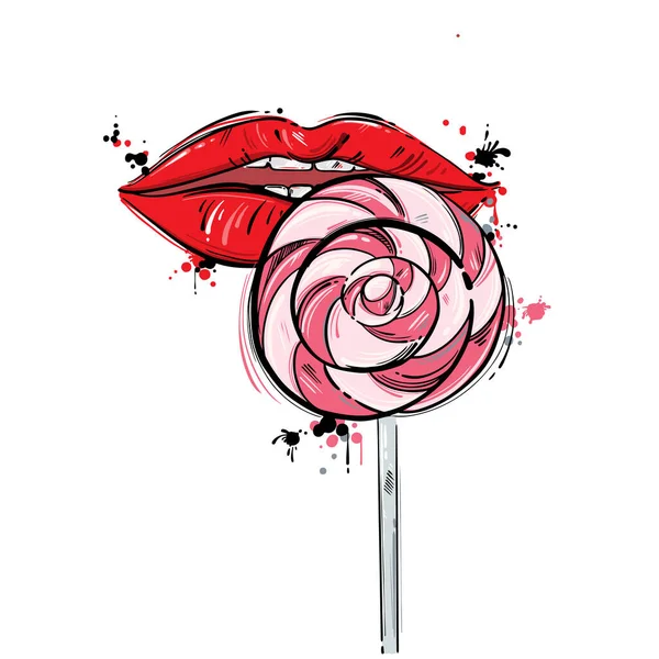 Vektorabstrakte Illustration Mit Weiblichen Lippen Und Süßigkeiten — Stockvektor