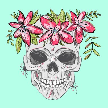 Zambak çiçekli bir kafatasının vektör çizimi. El grafikleri