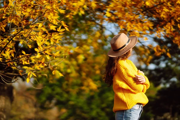 Mulher Elegante Andando Parque Vestindo Suéter Amarelo Chapéu Bonito Moda — Fotografia de Stock