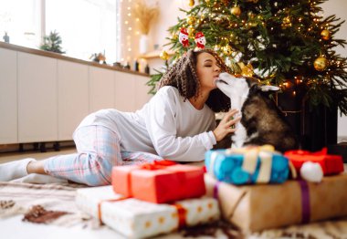 Mutlu bir kadın etrafta hediyelerle Noel ağacının yanında otururken köpeğiyle oynayıp eğleniyor. Kış tatili Yeni Yıl.