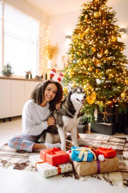 Mutlu bir kadın etrafta hediyelerle Noel ağacının yanında otururken köpeğiyle oynayıp eğleniyor. Kış tatili Yeni Yıl.