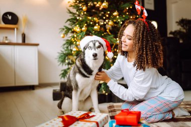Mutlu bir kadın etrafta hediyelerle Noel ağacının yanında otururken köpeğiyle oynayıp eğleniyor. Kış tatili Yeni Yıl.