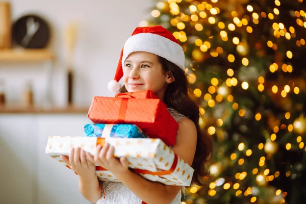 Happy Smiling Girl Christmas Gift Boxes Cute Child Having Fun — Stock Photo, Image