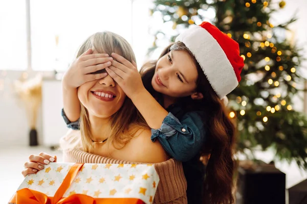 Happy Mom Her Cute Daughter Girl Exchanging Gifts Merry Christmas — Stock Photo, Image