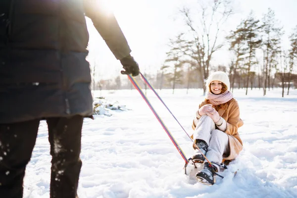 Happy Woman Rolls Sled Winter Snowy Forest Ouple Having Fun — Stock Photo, Image