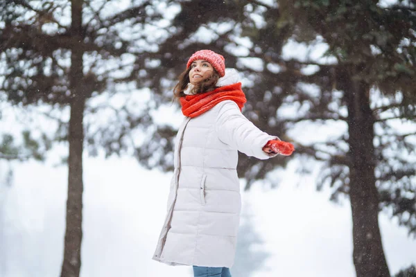 穿着冬装的年轻女子走在雪天的室外 旅行概念 — 图库照片