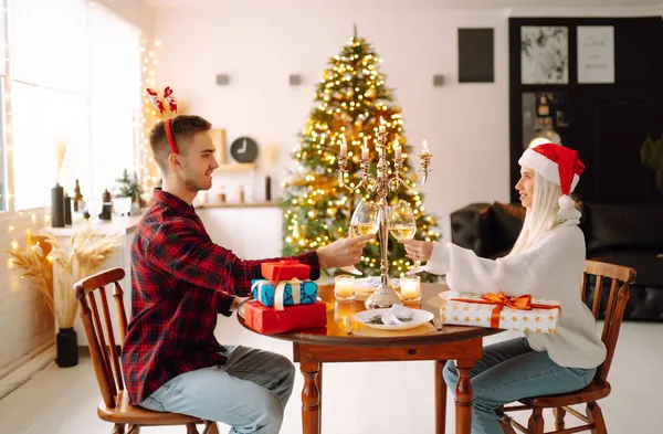 Loving Happy Young Couple Enjoying Time Together Christmas Tree Romantic — Stock Photo, Image