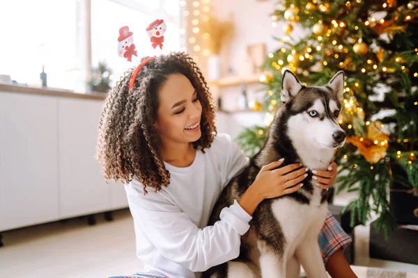 Happy Woman Celebrating Winter Holidays Dog Husky Background Christmas Tree — Stock Photo, Image