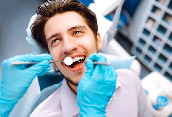 Young Man Dentist Chair Dental Procedure Overview Dental Caries Prevention — 图库照片