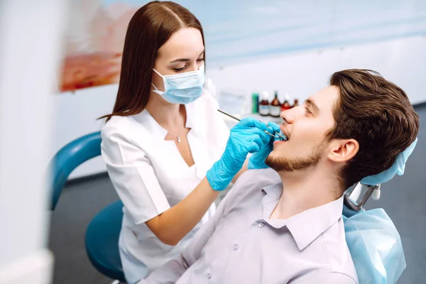 Young Man Dentist Chair Dental Procedure Overview Dental Caries Prevention — 图库照片