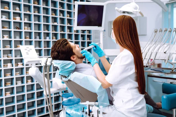 Young Man Dentist Chair Dental Procedure Overview Dental Caries Prevention — Stok fotoğraf