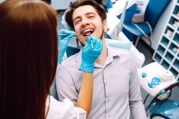 Young Man Dentist Chair Dental Procedure Overview Dental Caries Prevention — Foto de Stock