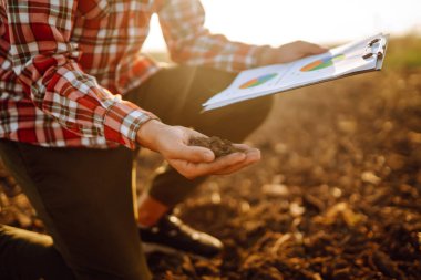Hand of expert farmer collect soil and checking soil health before growth a seed of vegetable or plant seedling. Agriculture, gardening or ecology concept.