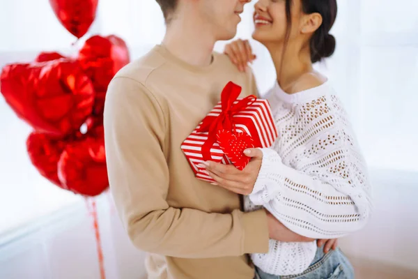 Valentine Day Concept Lovers Give Each Other Gifts Young Couple — Stock Photo, Image