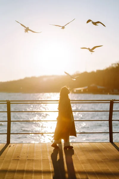 码头上的年轻女人美丽的女人在海滨喂海鸥 自由的概念 生活方式时刻 — 图库照片