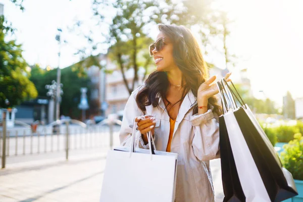 Young Woman Shopping City Street Purchases Black Friday Discounts Sale — 스톡 사진