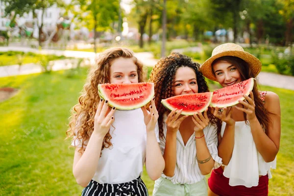 Three Young Woman Camping Grass Eating Watermelon Laughing People Lifestyle — Fotografia de Stock