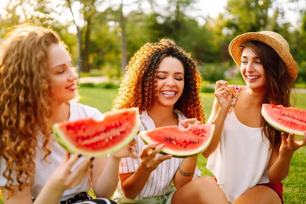 Three Young Woman Camping Grass Eating Watermelon Laughing People Lifestyle — Fotografia de Stock