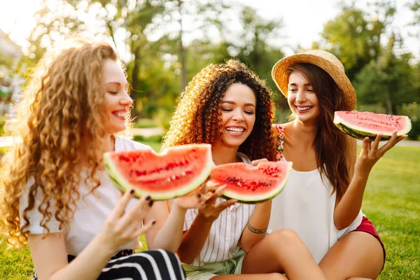 3人の若い女性は 芝生の上で スイカを食べて 笑ってキャンプ ライフスタイル 休暇の概念 夏のコンセプト — ストック写真