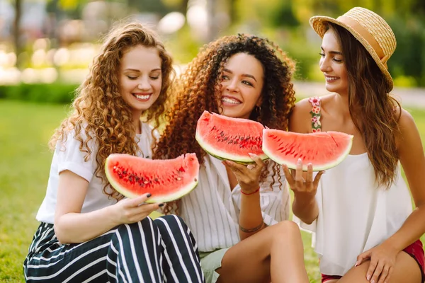 Three Young Woman Camping Grass Eating Watermelon Laughing People Lifestyle — Fotografia de Stock