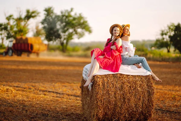 Dwie Młode Kobiety Pozujące Pobliżu Stogu Siana Koncepcja Mody Natura — Zdjęcie stockowe