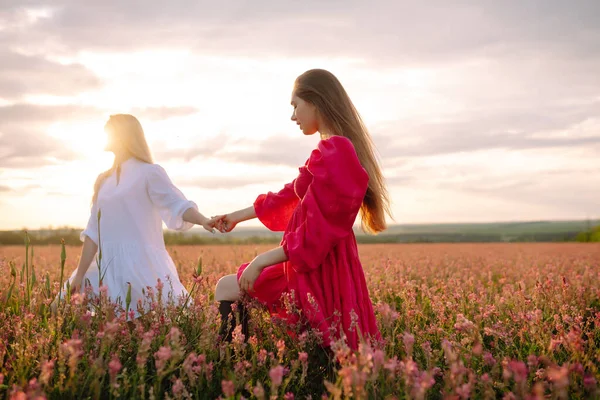 Portrait Two Young Woman Stylish Dress Posing Blooming Field Nature — стоковое фото