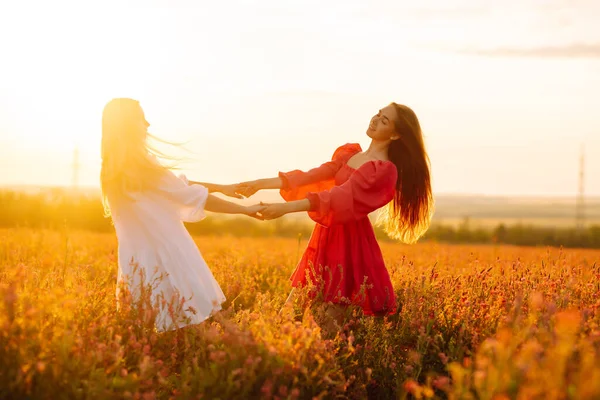 在盛开的田野里 两个穿着时髦衣服的年轻女子的画像 放松和生活方式 时尚概念 — 图库照片